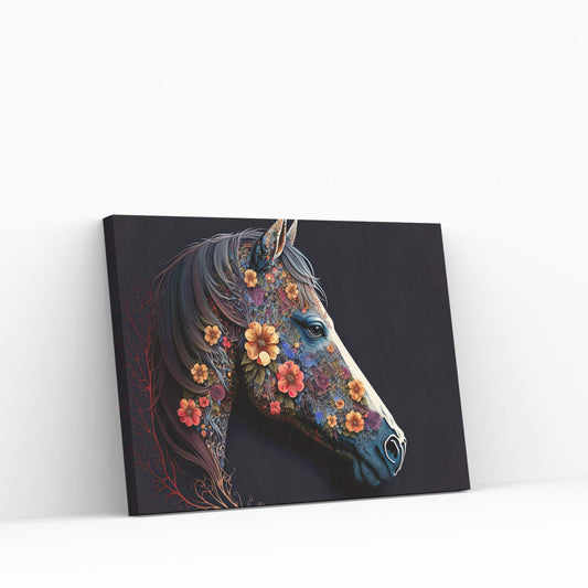 Beautiful Colorful Black Horse Flower Canvas Wall Art , Animal Wall Art - Y Canvas