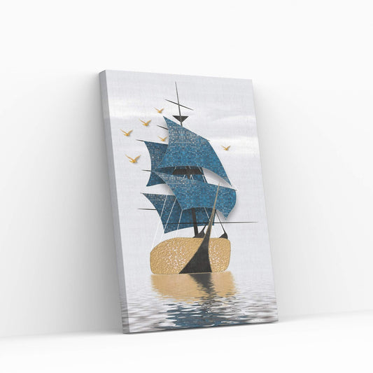 Blue Gold Boat, Ship Landscape, Birds, Sea Canvas Wall Art Print - Y Canvas