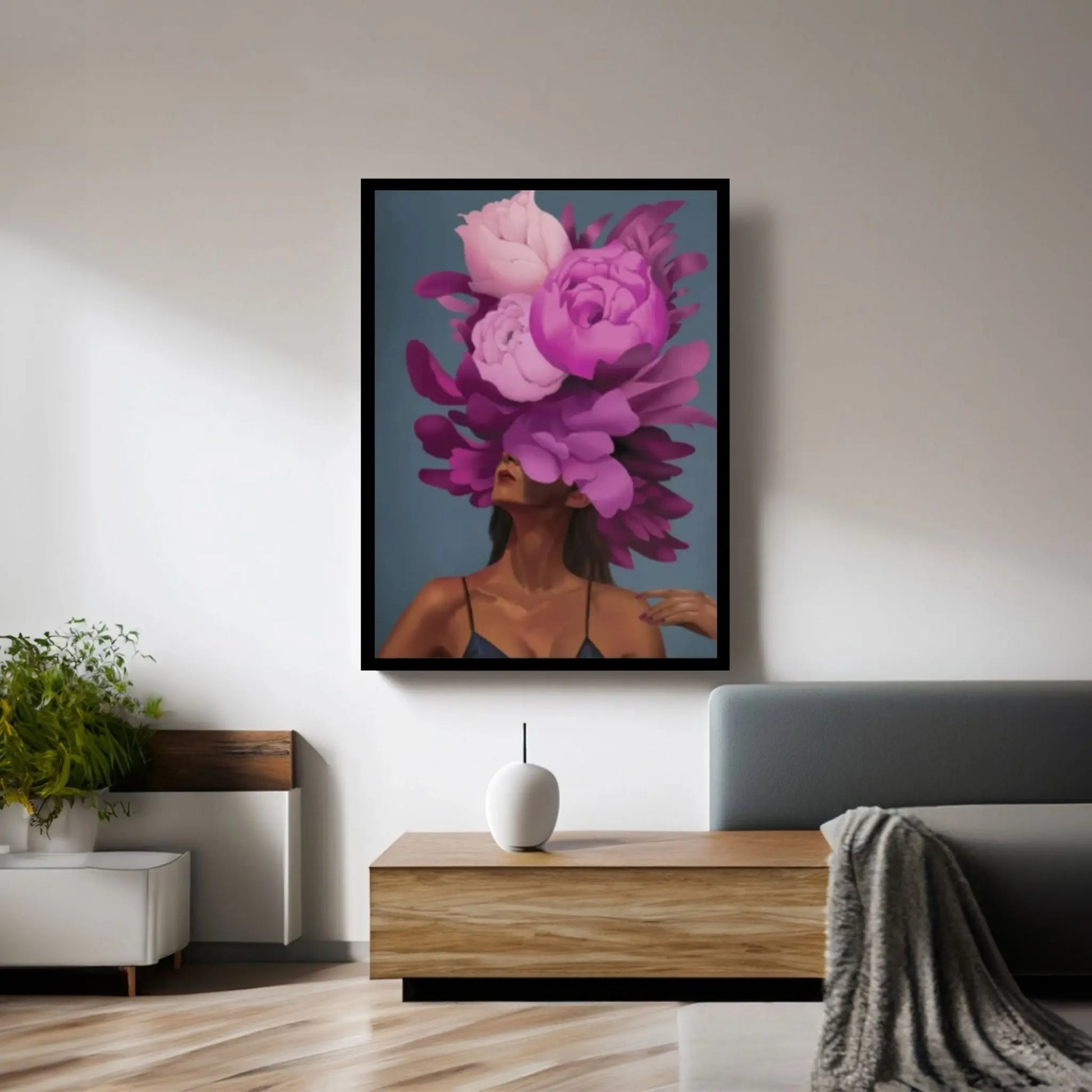 Purple Floral Woman Canvas Art, Blue Bird And Woman Wall Art, Woman with Flower and Bird Head, Visual Excellence - Y Canvas