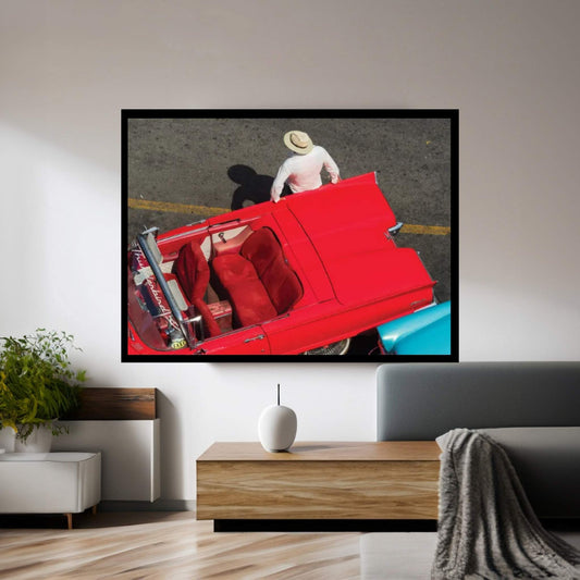Cuba, Havana, Havana Vieja (Old Havana), red classic convertible and driver, viewed from above Canvas Wall Art - Y Canvas