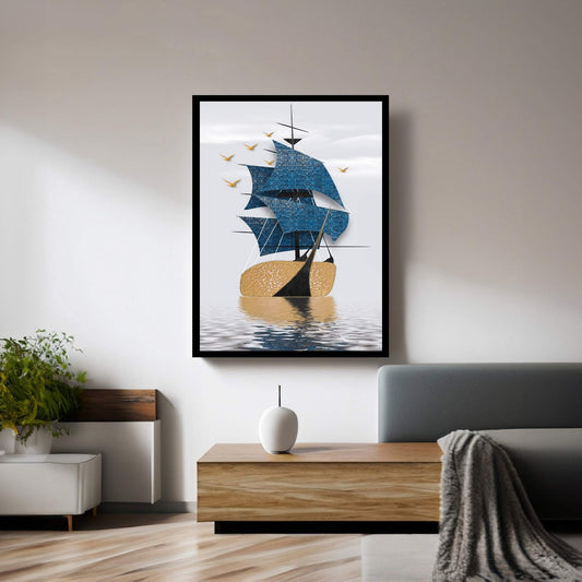 Blue Gold Boat, Ship Landscape, Birds, Sea Canvas Wall Art Print - Y Canvas