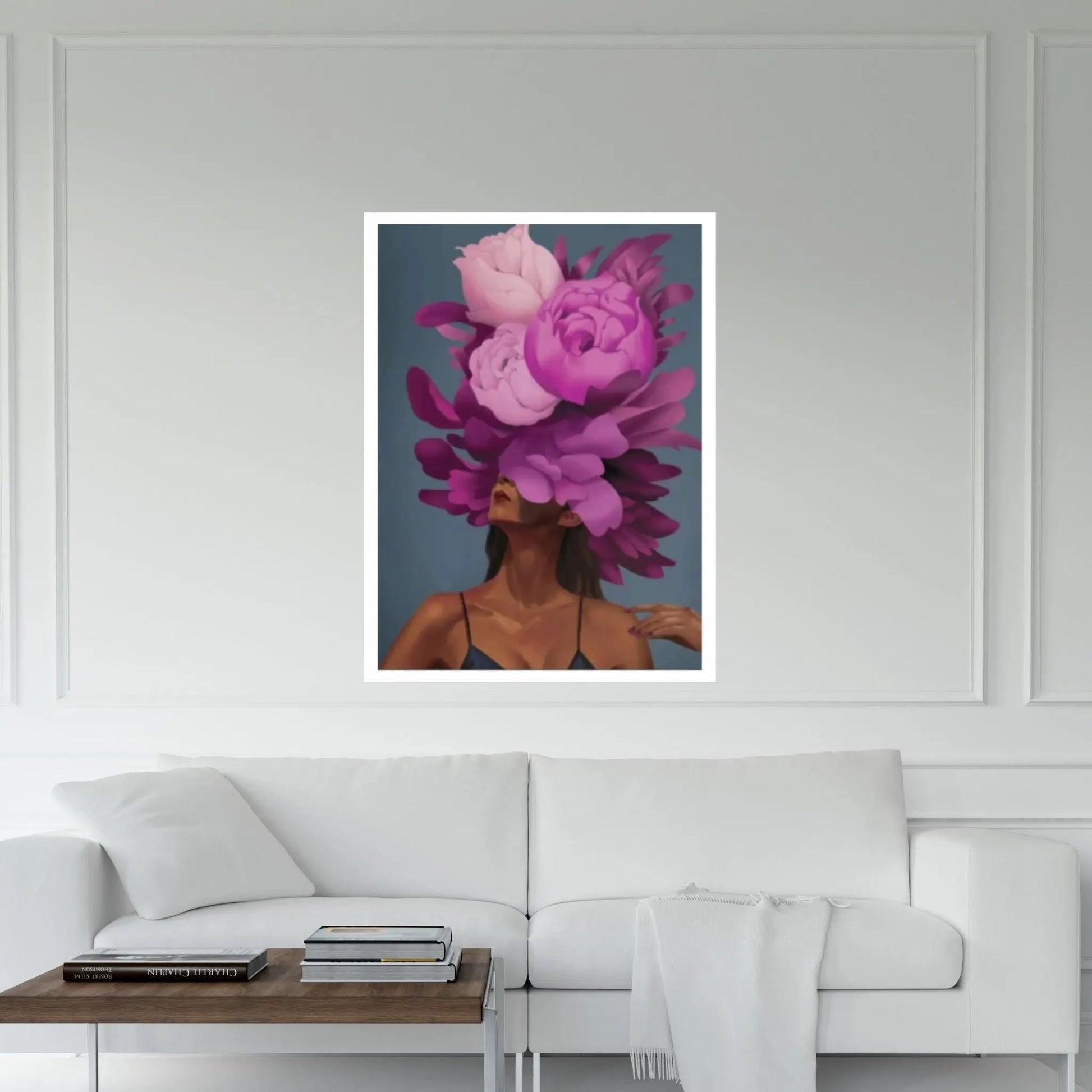 Purple Floral Woman Canvas Art, Blue Bird And Woman Wall Art, Woman with Flower and Bird Head, Visual Excellence - Y Canvas